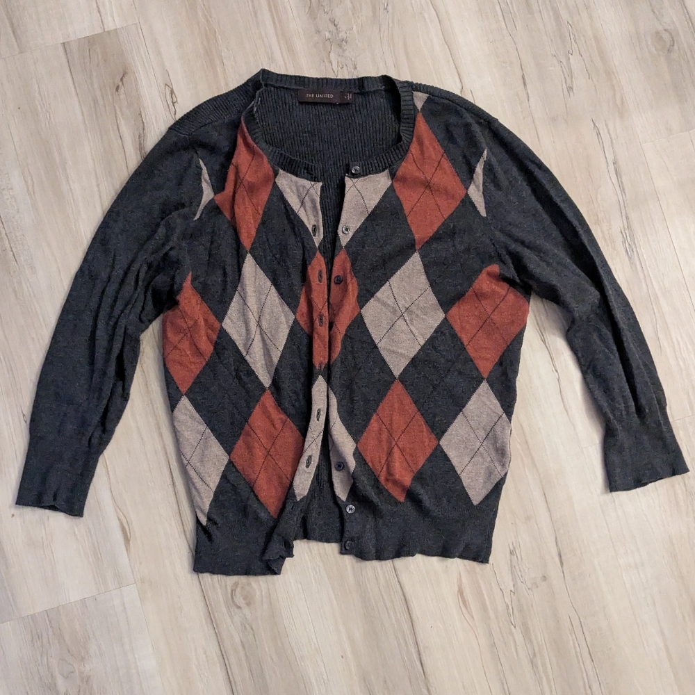 The Limited Argyle Cardigan - Black, Red, and Cream